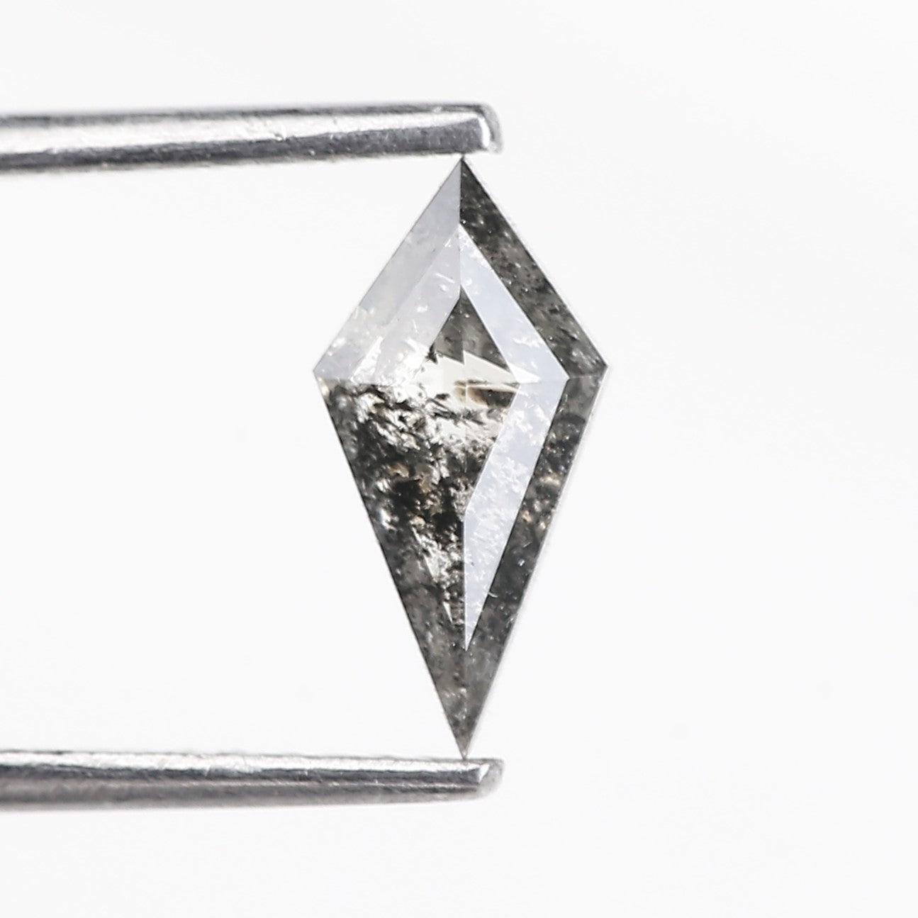 Faceted Kite diamond held between two metal prongs on a white background