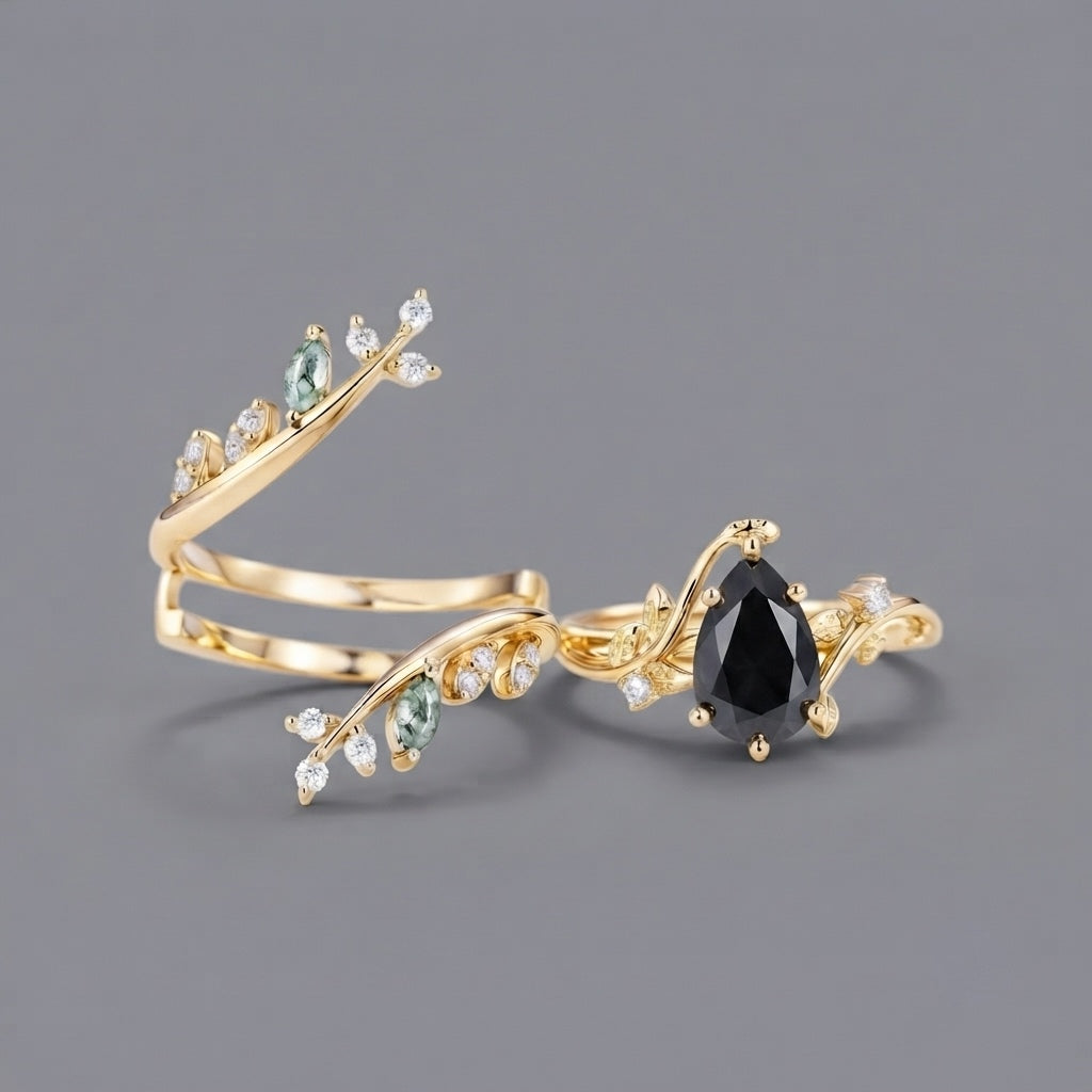 2 Carat Nature Inspired Black Pear Cut Diamond Cage Leafy Ring With Set