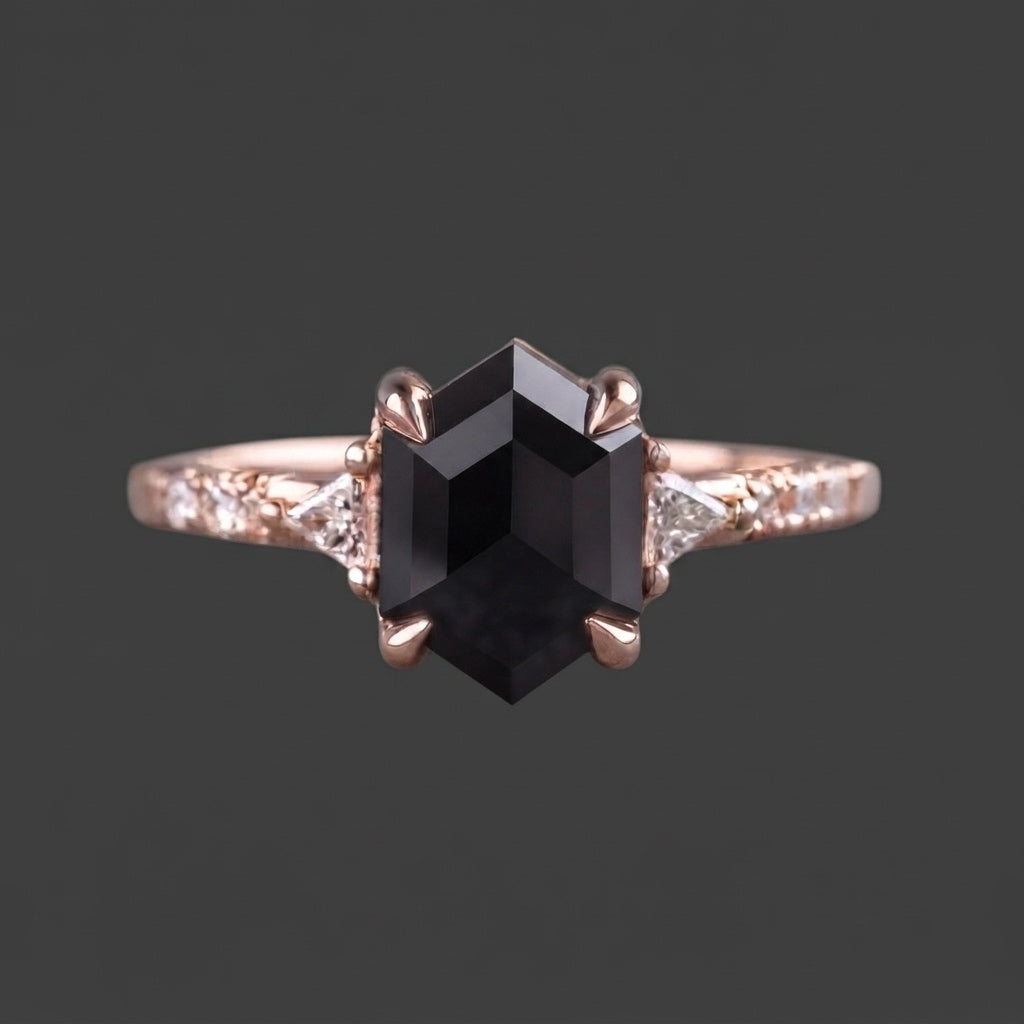 2 Carat Black Hexagon Diamond Engagement Ring, 14K Rose Gold