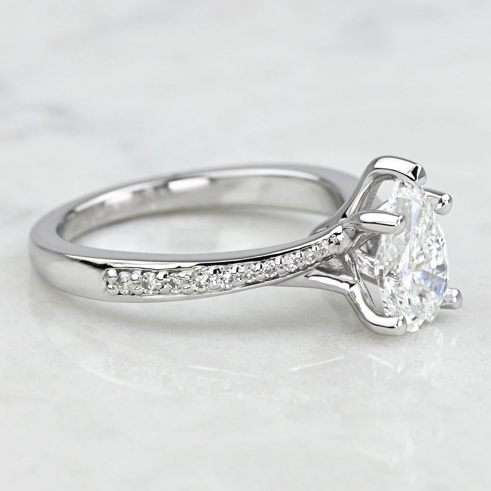 1 Carat Lab Grown Pear Diamond Split Shank Engagement Ring 14K/18K Solid Gold