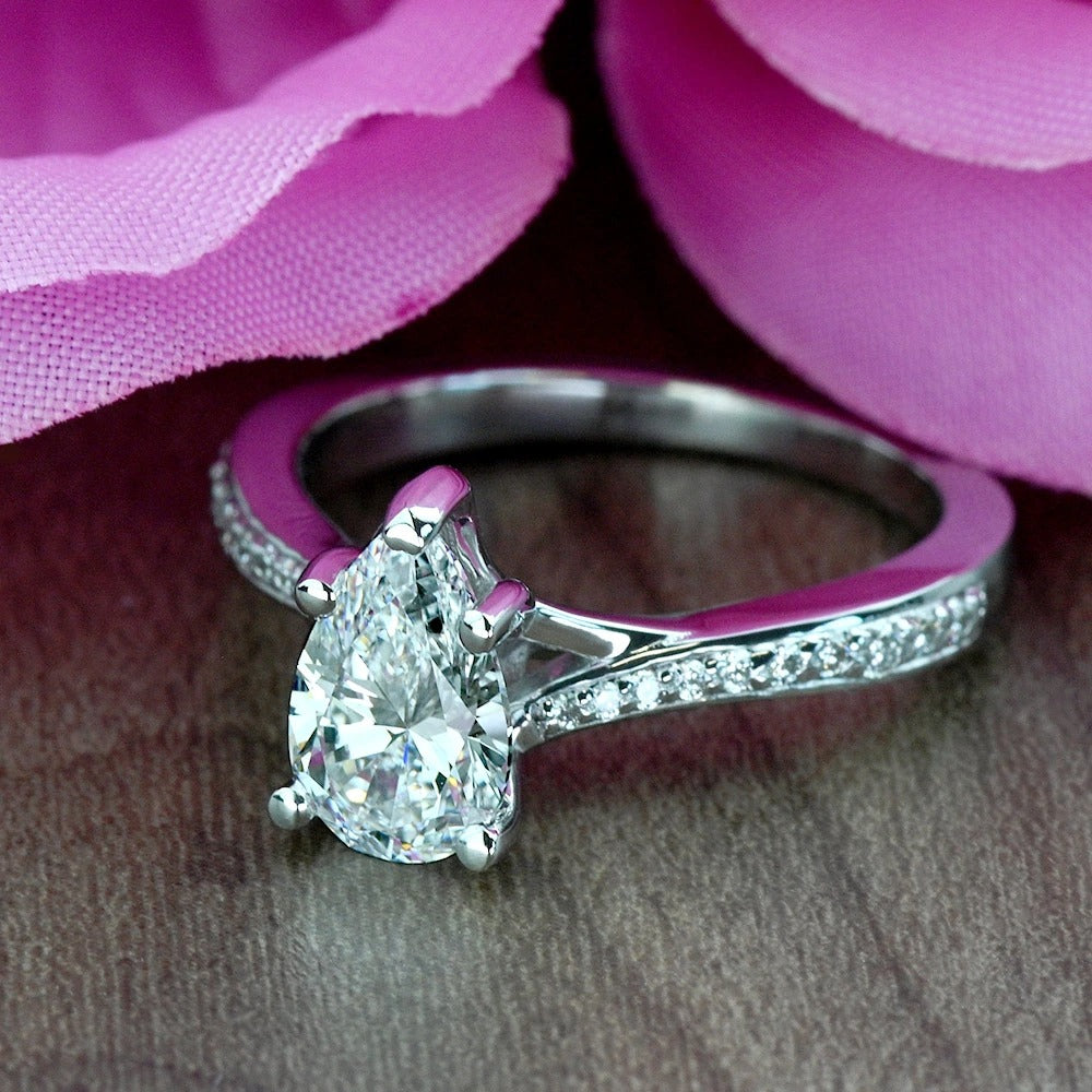 1 Carat Lab Grown Pear Diamond Split Shank Engagement Ring 14K/18K Solid Gold