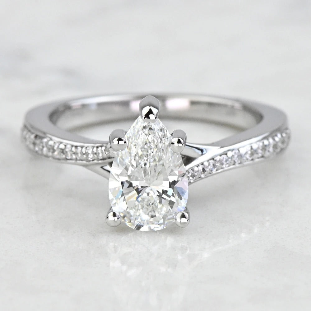 Lab Grown Pear Diamond Split Shank Engagement Ring 14K/18K Solid Gold