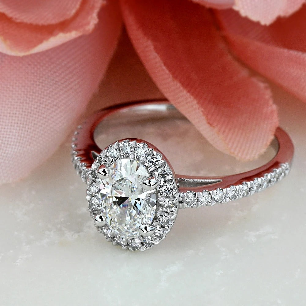 1 Carat Lab Oval Diamond Halo Pave Engagement Ring 14K/18K Solid Gold