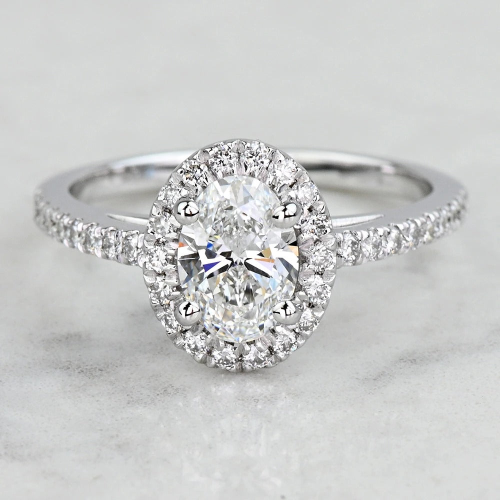 1 Carat Lab Oval Diamond Halo Pave Engagement Ring 14K/18K Solid Gold