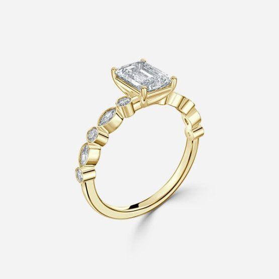 Trine Emerald Unique Diamond Engagement Ring 14K / 18K Solid Gold