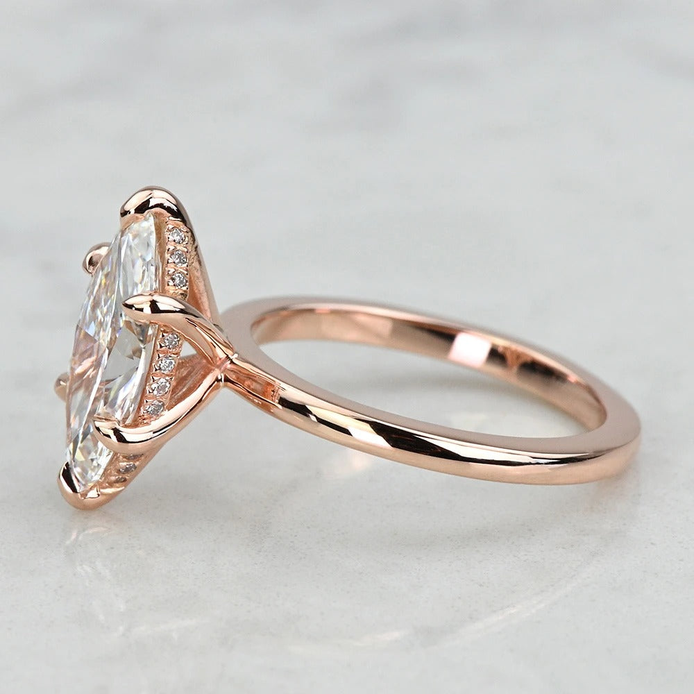 1 Carat Lab Grown Marquise Diamond Hidden Halo Engagement Ring 14K Rose Gold