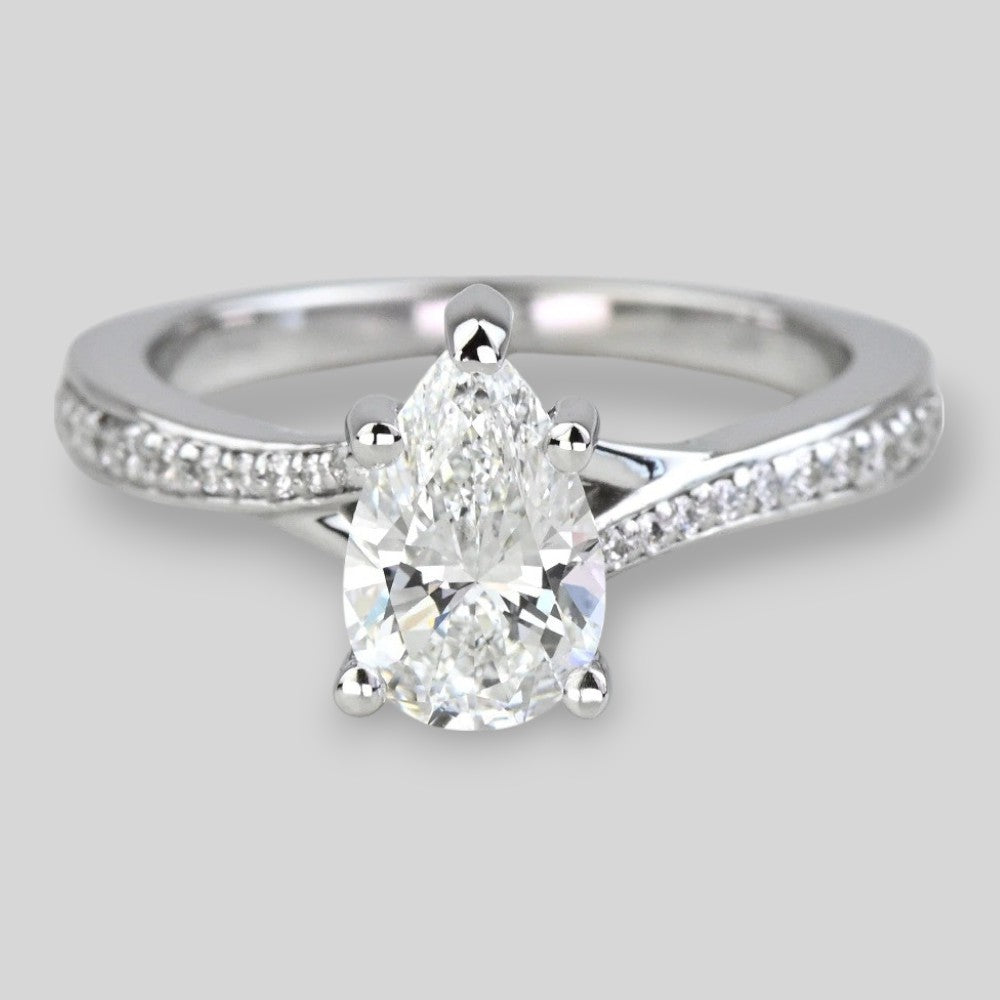 1 Carat Lab Grown Pear Diamond Split Shank Engagement Ring 14K/18K Solid Gold