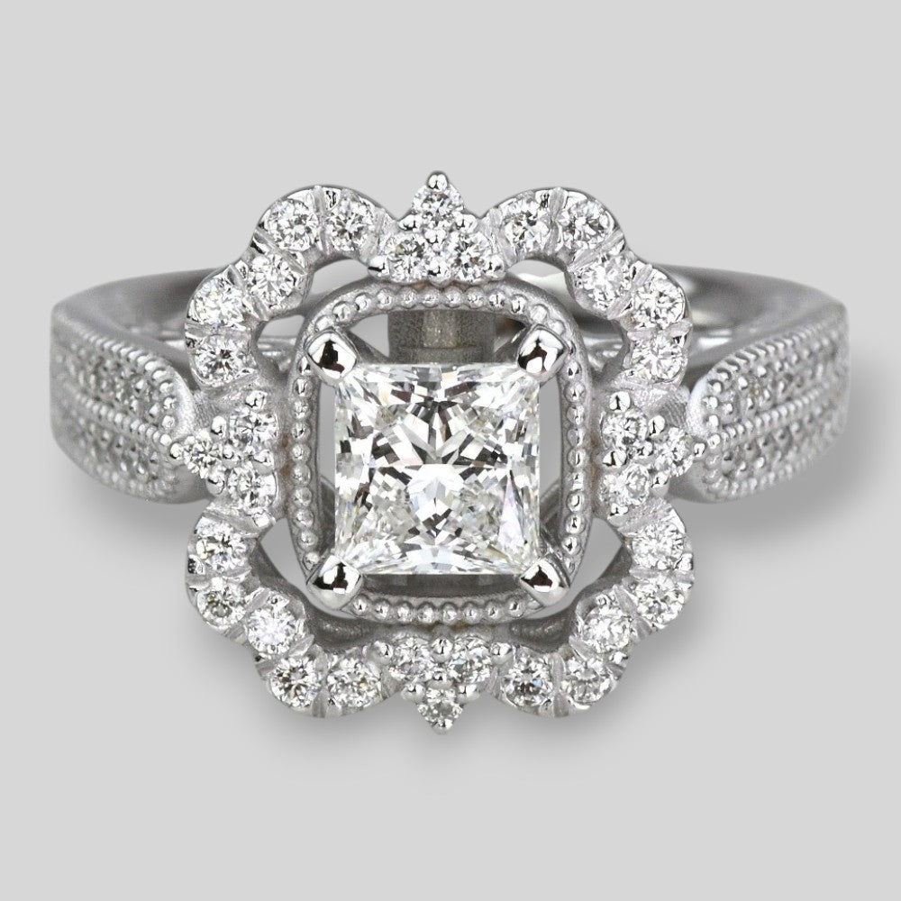 1 Carat Lab Created Princess Diamond Vintage Halo Engagement Ring