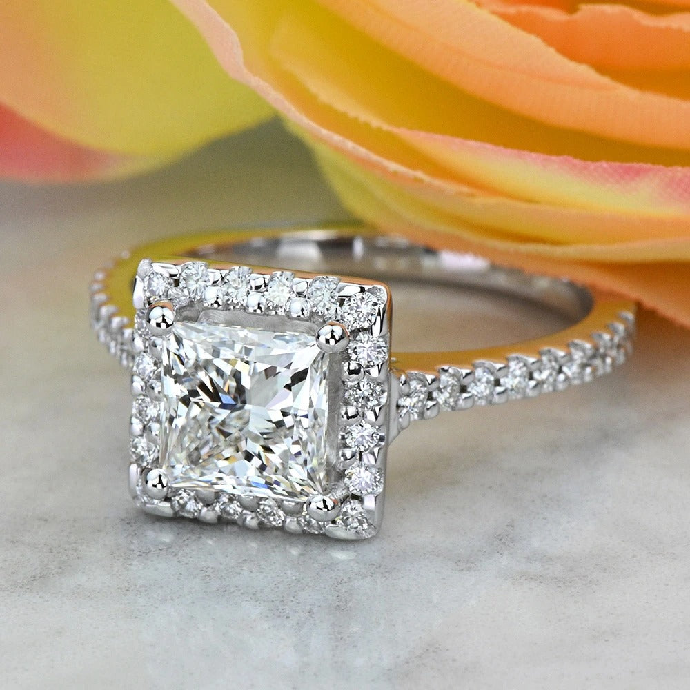 1 Carat Lab Created Princess Diamond Halo Engagement Ring 14K/18K Gold