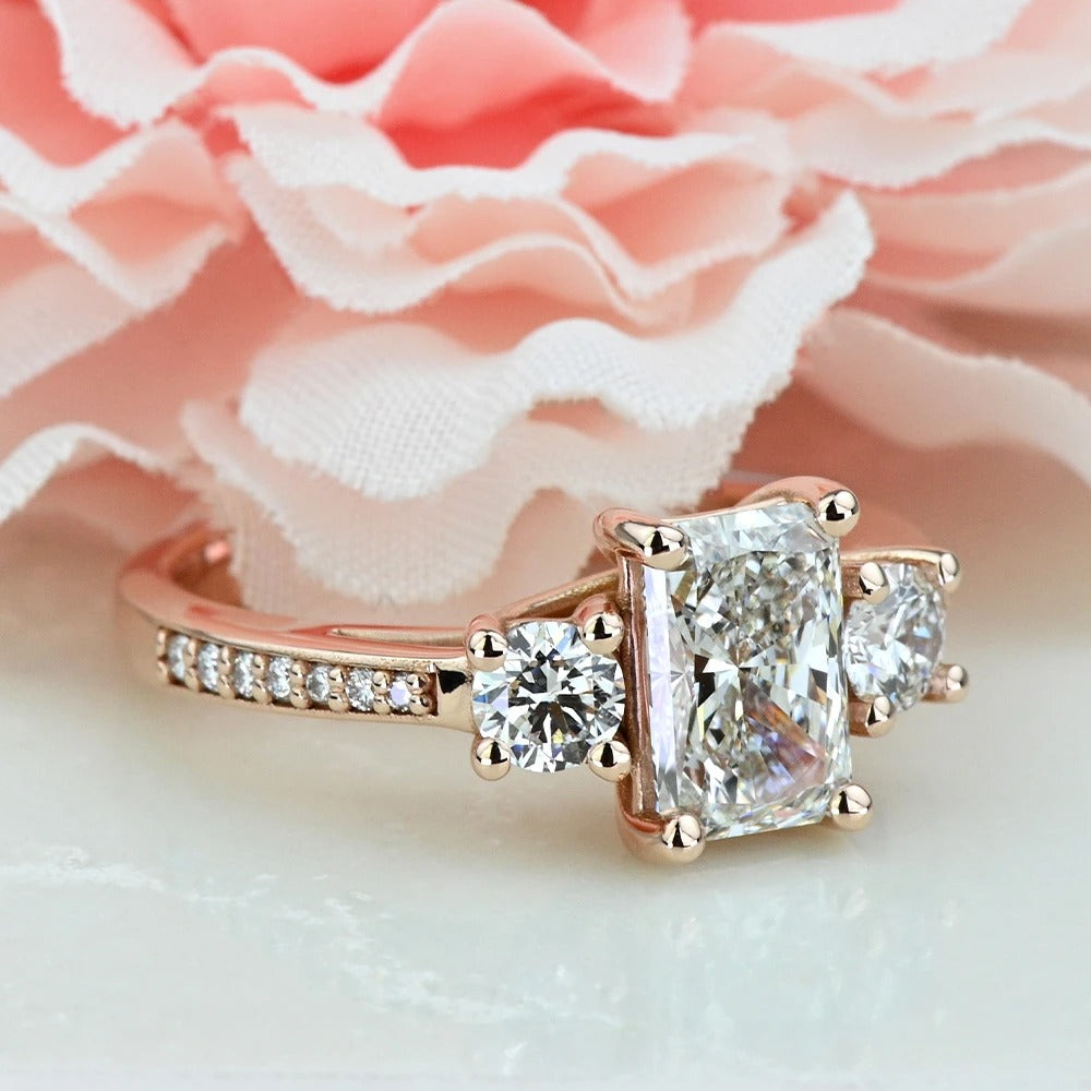 1 Carat Lab Grown Radiant Diamond Three Stone Engagement Ring 14K / 18K Gold