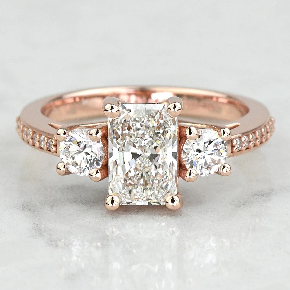 1 Carat Lab Grown Radiant Diamond Three Stone Engagement Ring 14K / 18K Gold