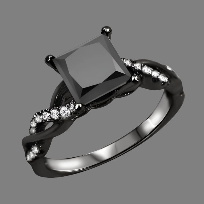 1.30 Carat Black Princess Cut Diamond Engagement Ring 14K Black Gold
