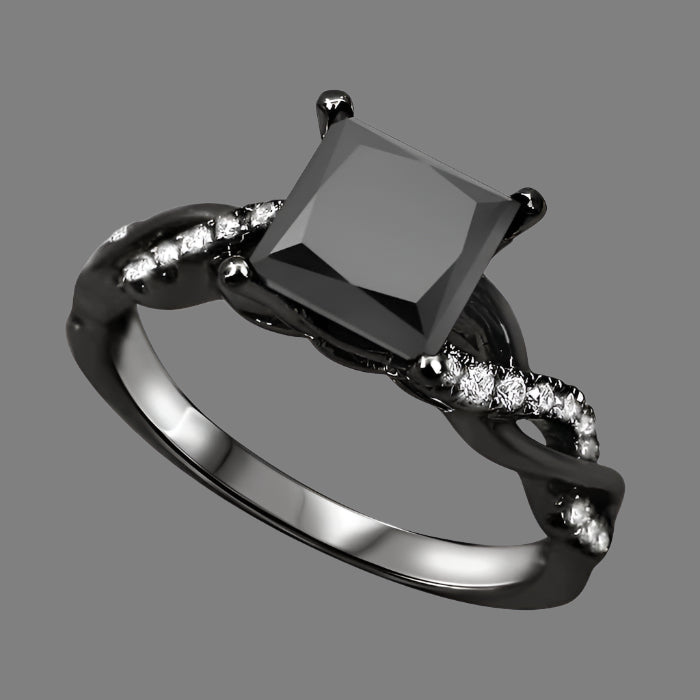 1.30 Carat Black Princess Cut Diamond Engagement Ring 14K Black Gold