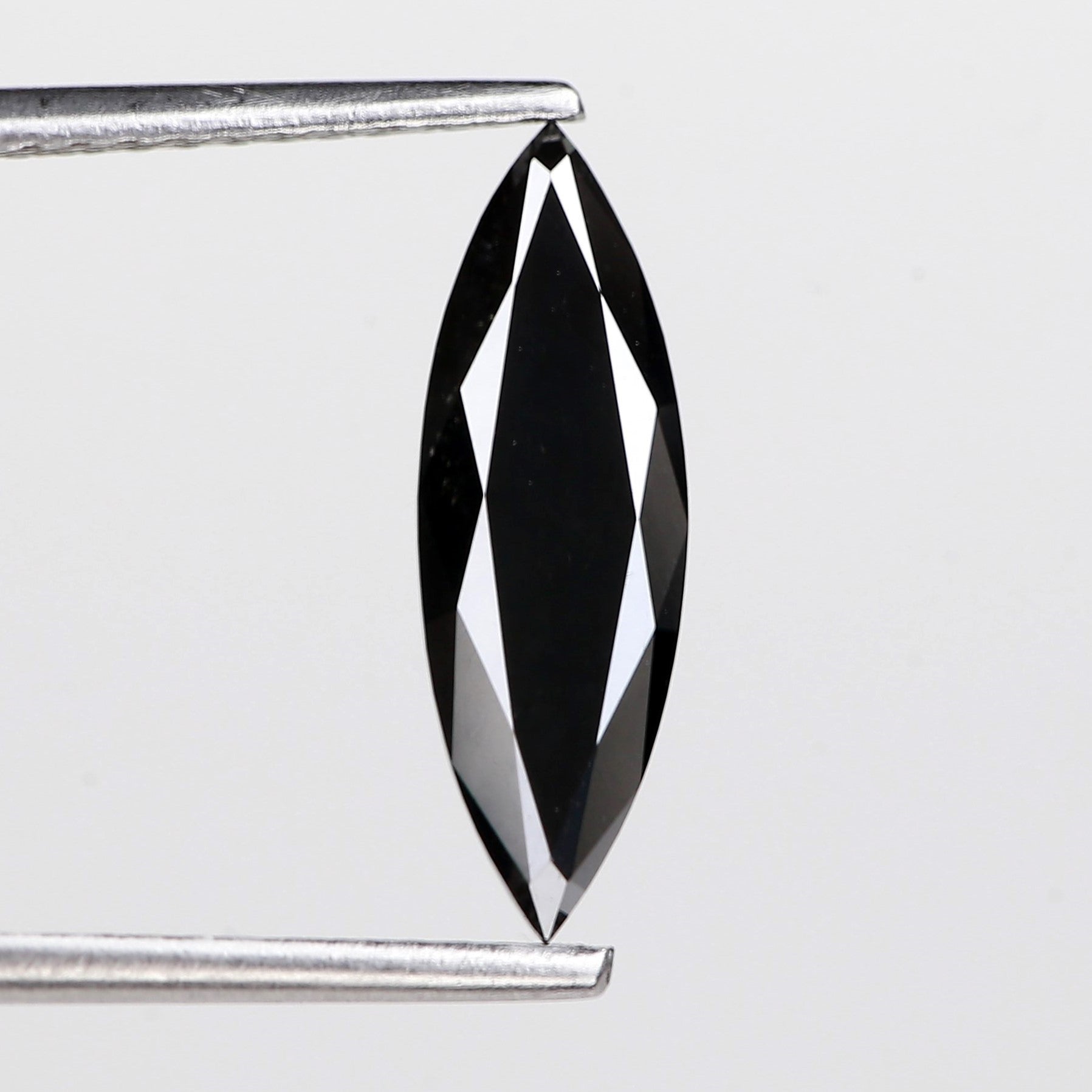 Faceted black gemstone held between two metal prongs on a white background