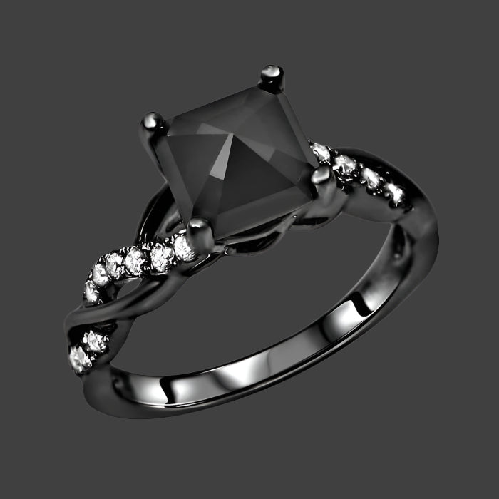 1.50ct Black Princess Cut Diamond Engagement Ring 14K Solid Black Gold