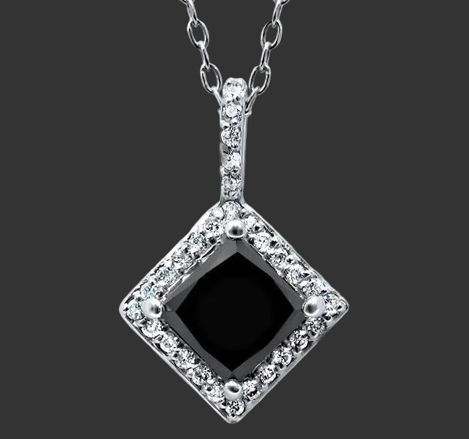 1.70 Carat Black Princess Cut Diamond 14k White Solid Gold Halo Pendant