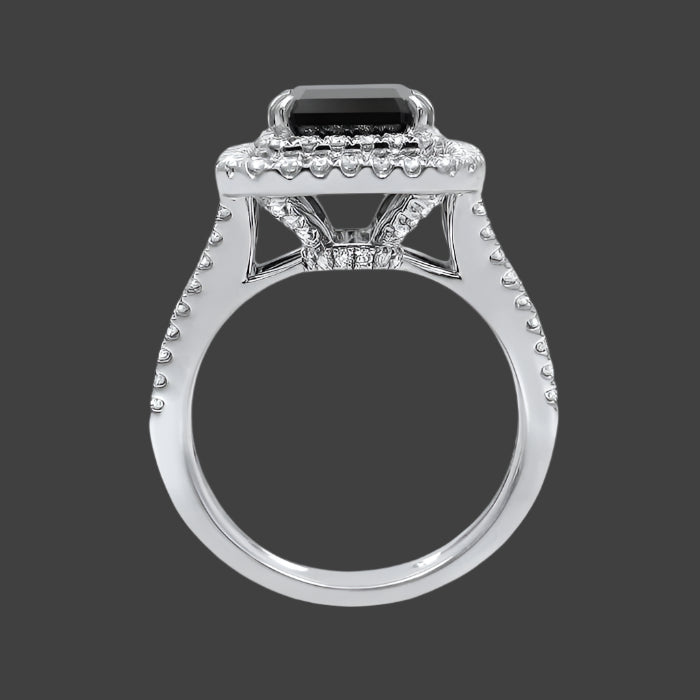3.50 Carat Black Diamond Emerald Cut Double Halo Engagement Ring 18k White Gold