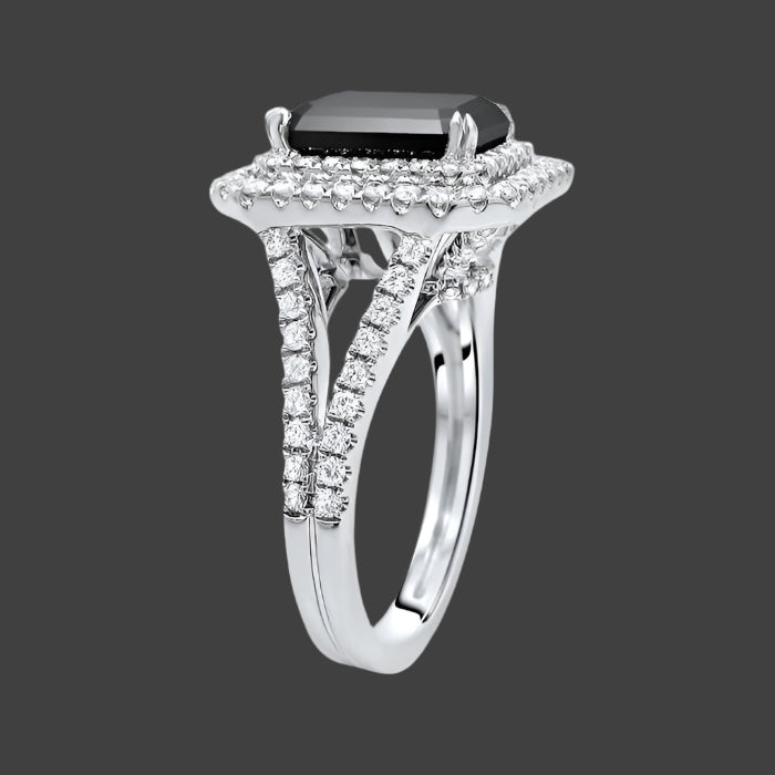 3.50 Carat Black Diamond Emerald Cut Double Halo Engagement Ring 18k White Gold