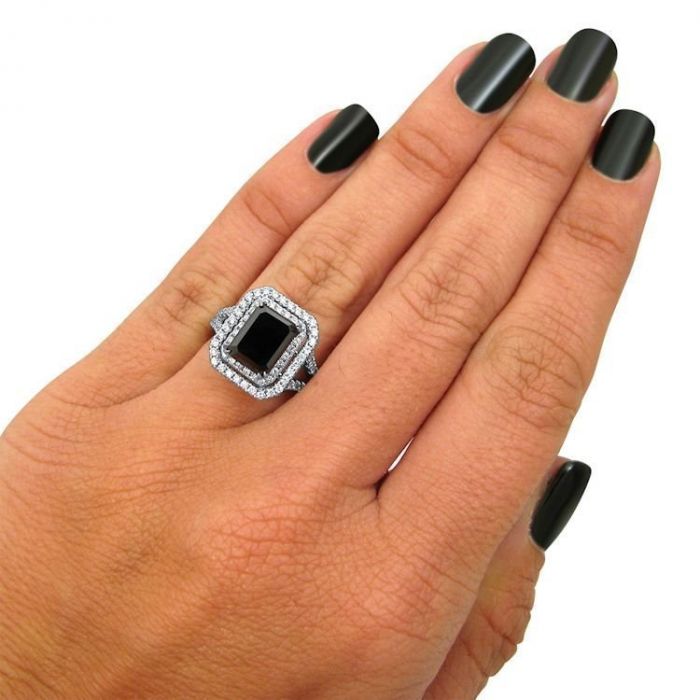 3.50 Carat Black Diamond Emerald Cut Double Halo Engagement Ring 18k White Gold