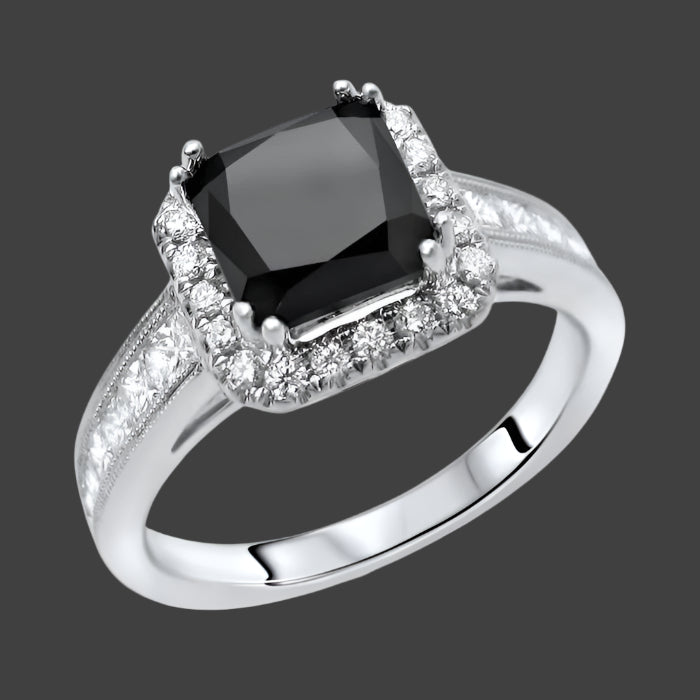 2.50 Carat Black Cushion Cut Diamond Halo Engagement Ring 18K Solid White Gold