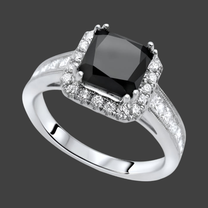 2.50 Carat Black Cushion Cut Diamond Halo Engagement Ring 18K Solid White Gold