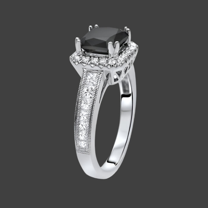 2.50 Carat Black Cushion Cut Diamond Halo Engagement Ring 18K Solid White Gold