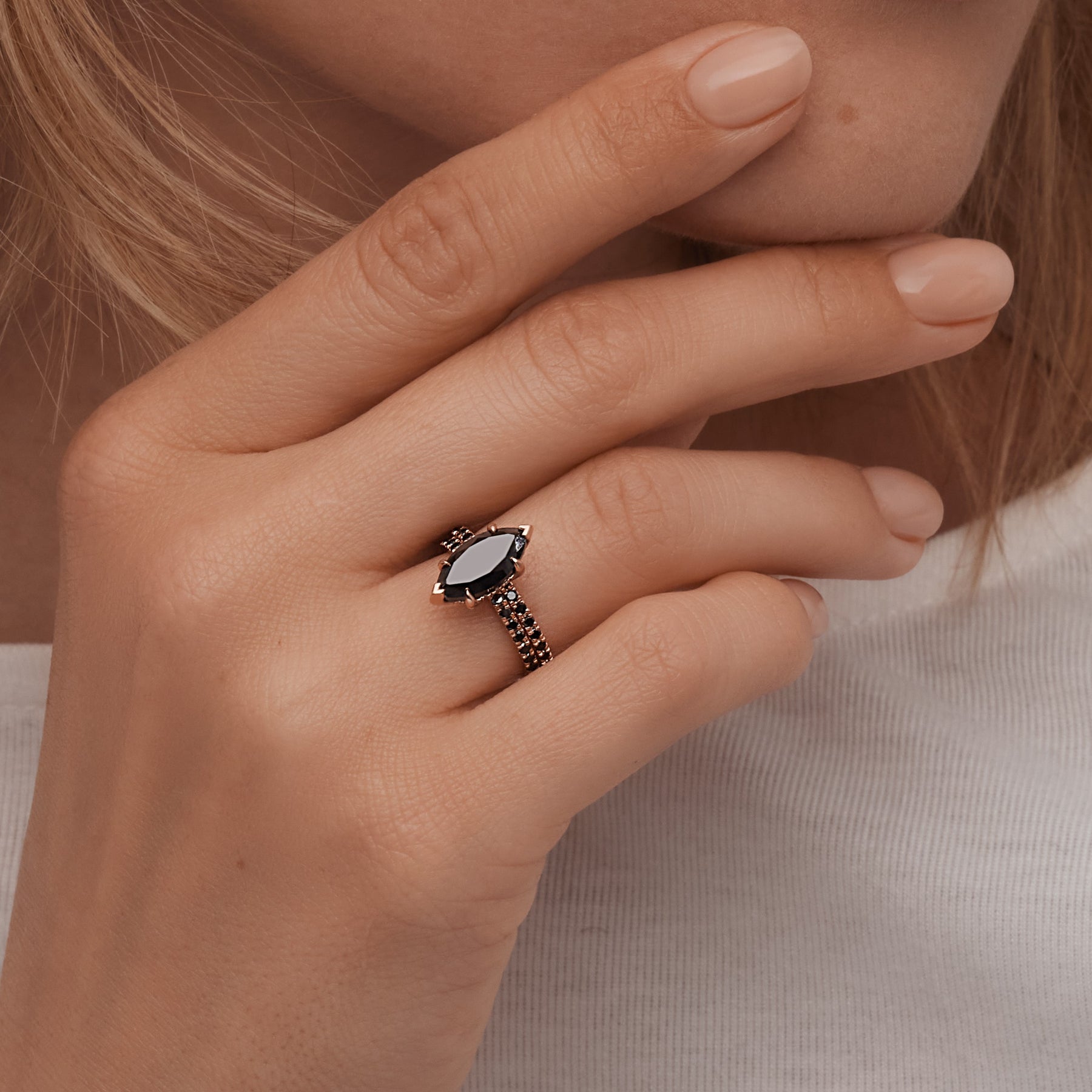 3.12 Carat Marquise Black Diamond Engagement Ring Pave 14K Rose Gold