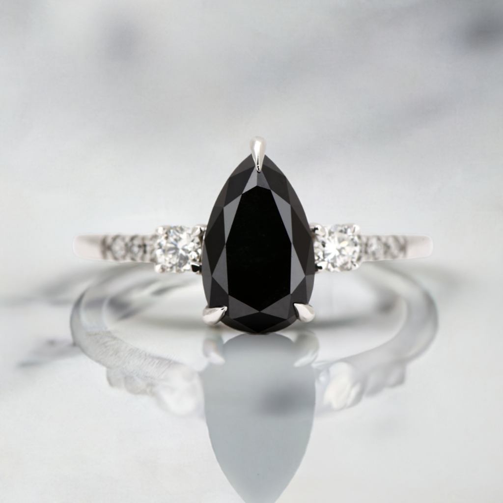14K Solid Gold Natural Diamond Black Pear Cut Solitaire Engagement Ring