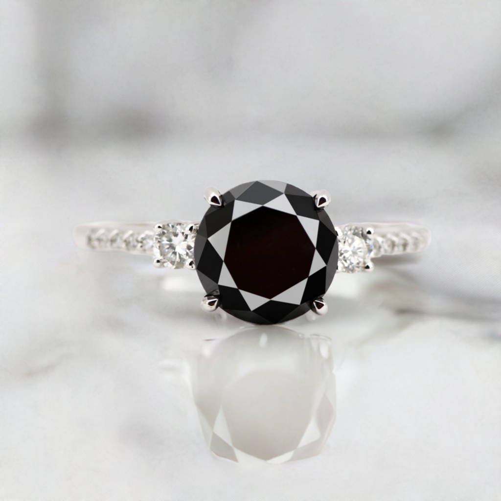 14K Solid Gold Natural Diamond Black Round Cut Solitaire Engagement Ring