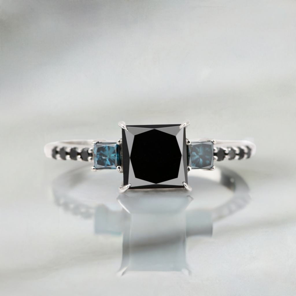 14K Solid White Gold Natural Diamond Black Blue Princess Cut Engagement Ring