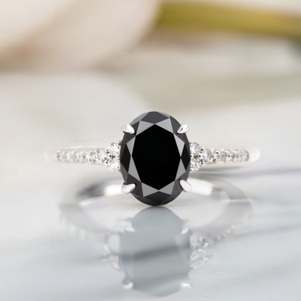 14K Solid White Gold Natural Diamond Black Oval Brilliant Cut Engagement Ring