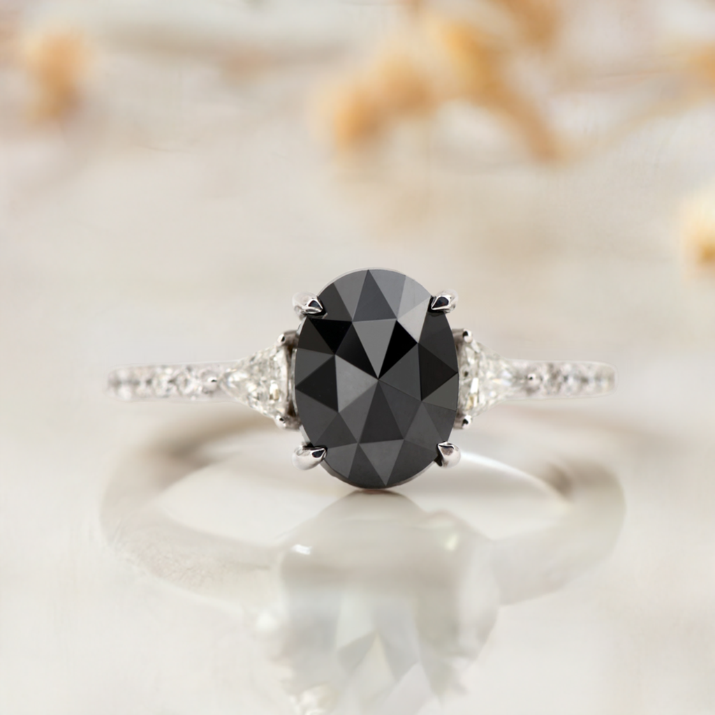 14K Solid White Gold Natural Diamond Black Oval Rose Cut Engagement Ring