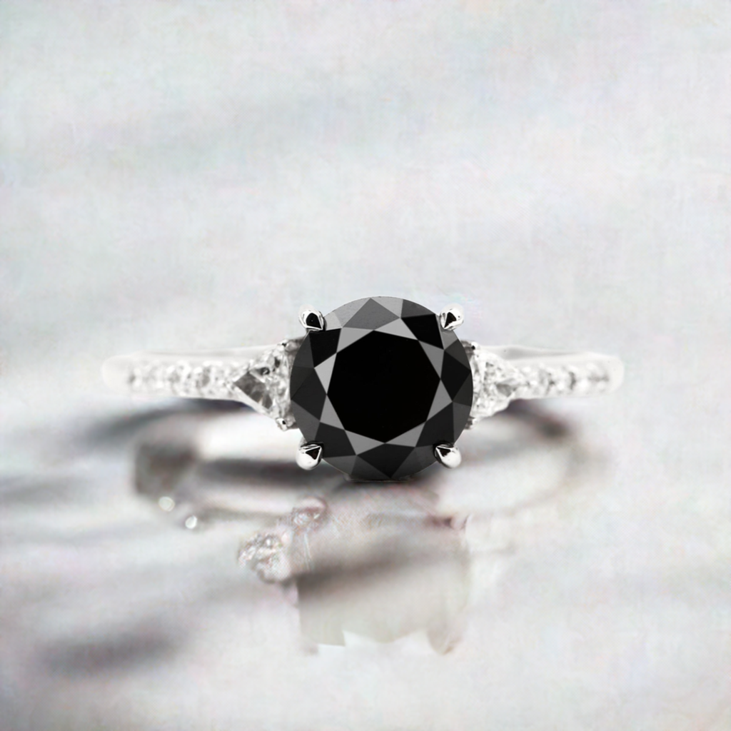 14K Solid White Gold Natural Diamond Black Round Brilliant Cut Engagement Ring