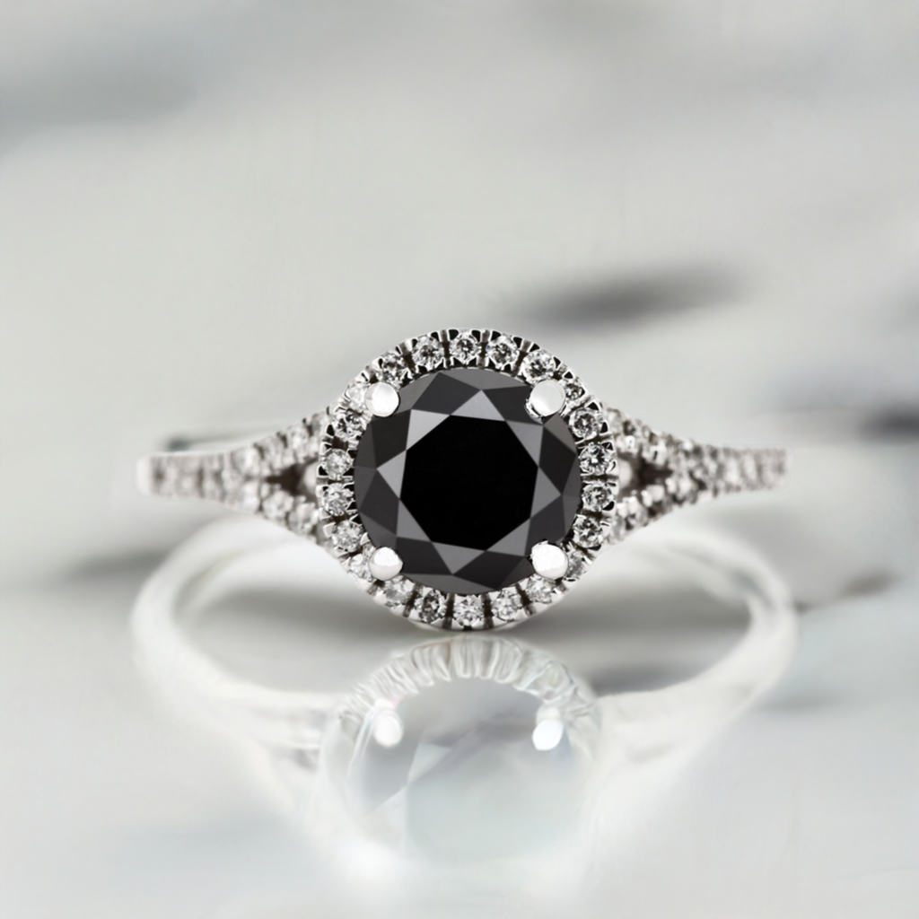 14K Solid White Gold Natural Diamond Black Round Cut Halo Engagement Ring