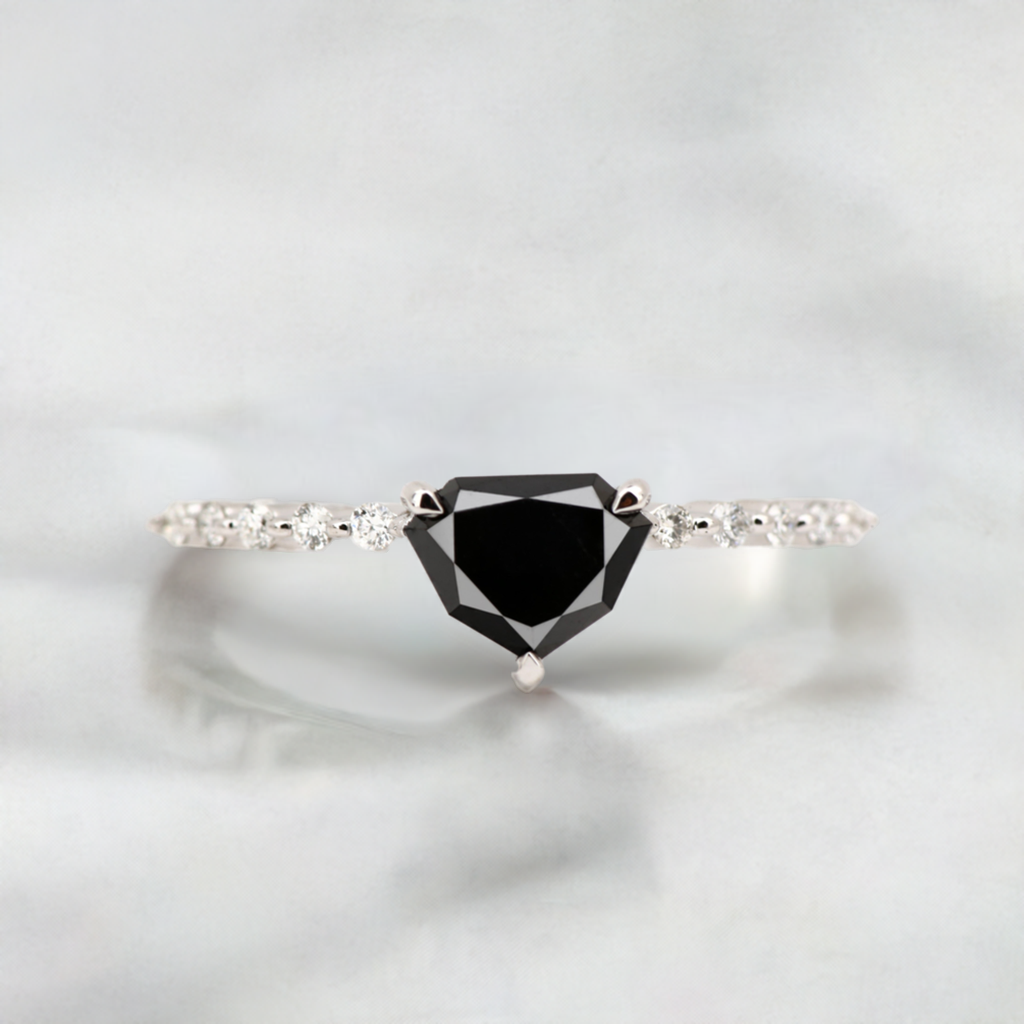 14K Solid White Gold Natural Diamond Black Shield Cut Engagement Ring