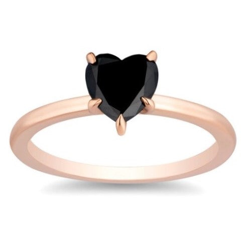 1 Carat Natural Diamond Solitaire Ring Black Diamond Heart Shape 14K Rose Gold Engagement Ring - Blackdiamond