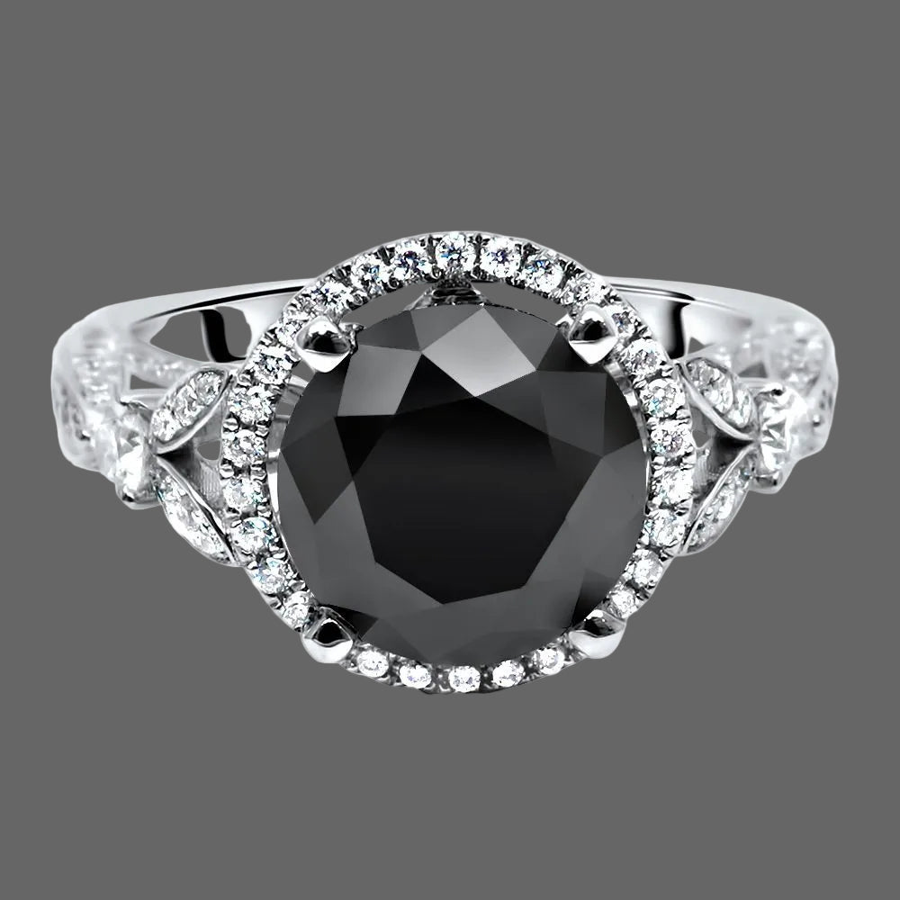 3.53ct Round Black Diamond Halo Engagement Ring 18k White Gold