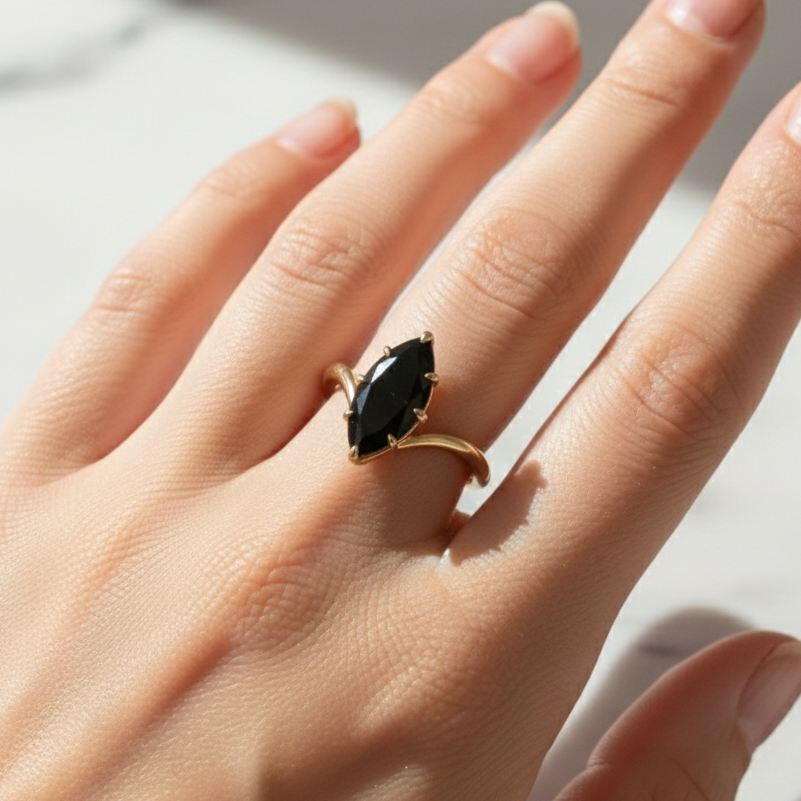 3 Carat Marquise Black Diamond Engagement Ring V Shank 14K Solid Yellow Gold