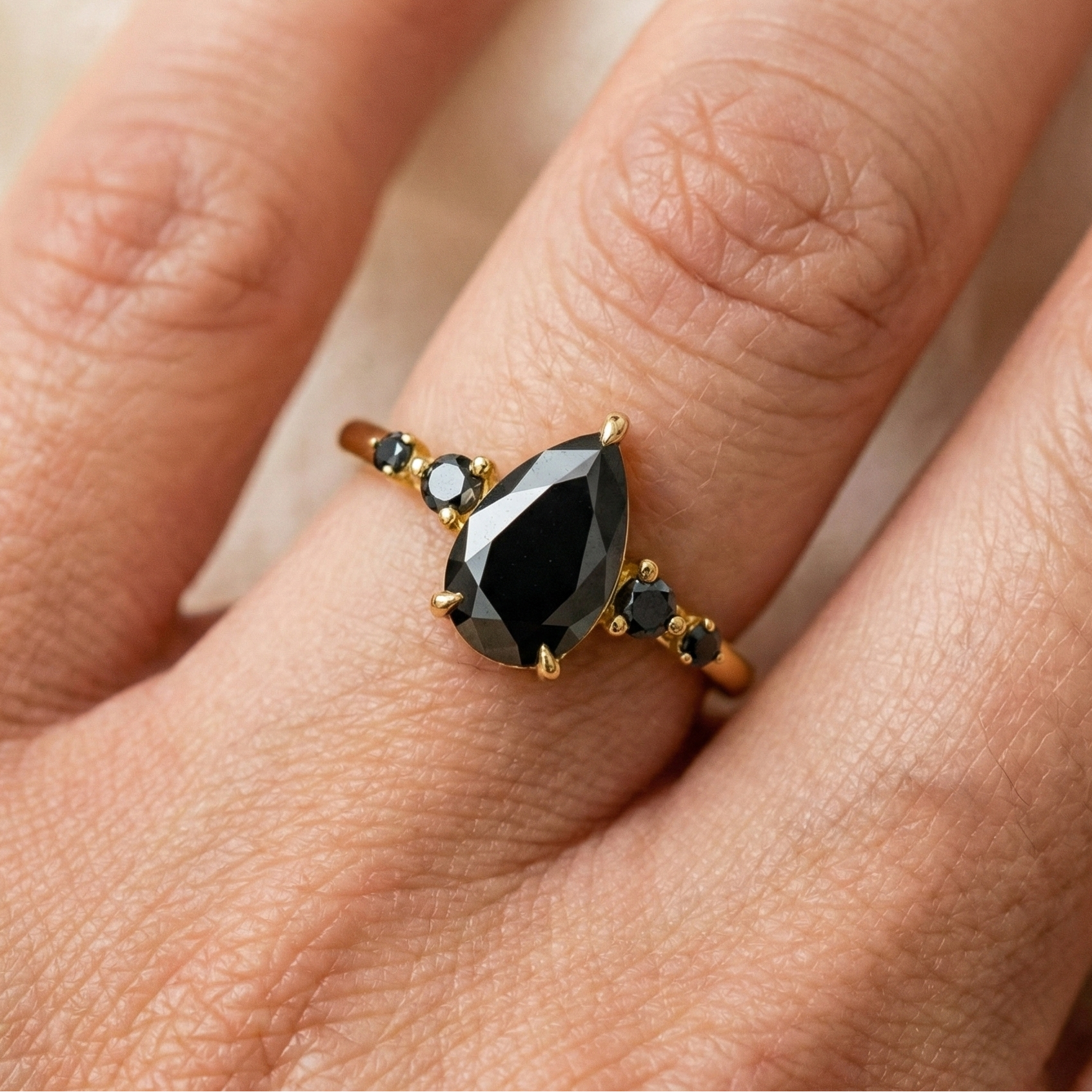 2.50 Carat Pear Cut Black Diamond Engagement Ring 14K Solid Yellow Gold
