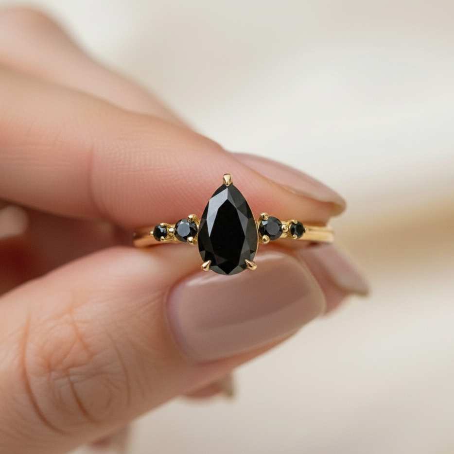2.50 Carat Pear Cut Black Diamond Engagement Ring 14K Solid Yellow Gold