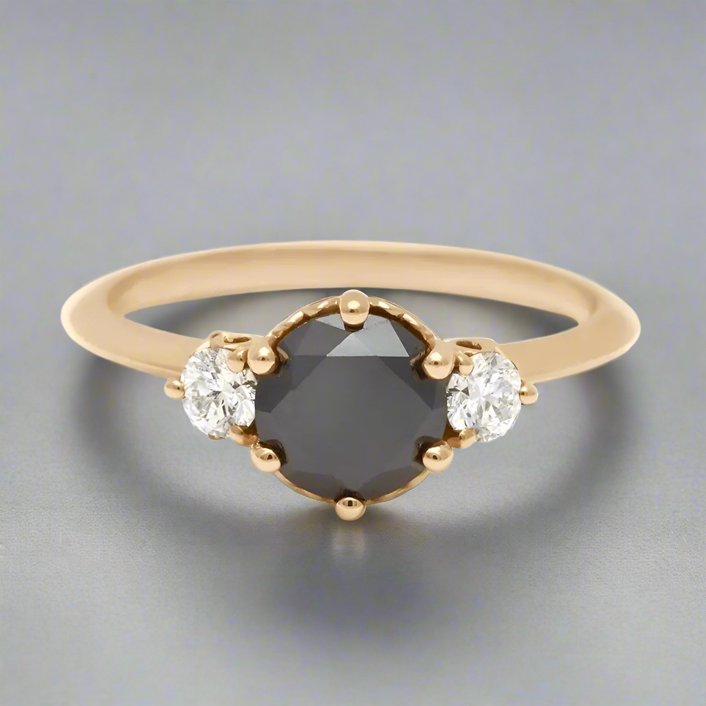 Three Stone Black Diamond Ring 14K Yellow Gold