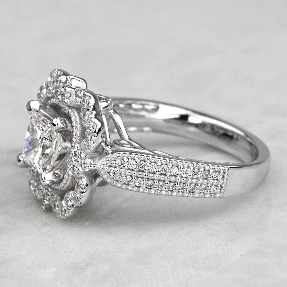 1 Carat Lab Created Princess Diamond Vintage Halo Engagement Ring