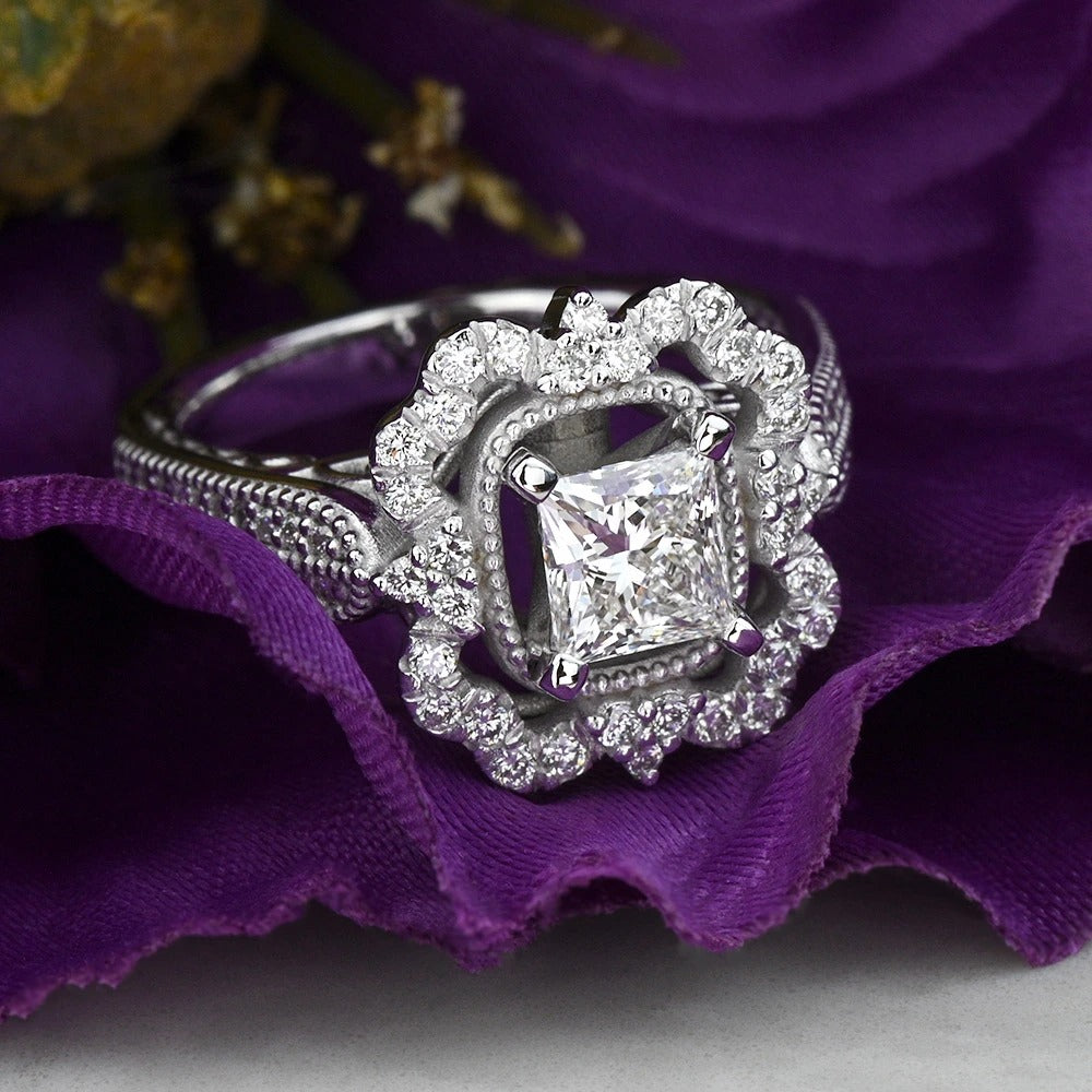 1 Carat Lab Created Princess Diamond Vintage Halo Engagement Ring