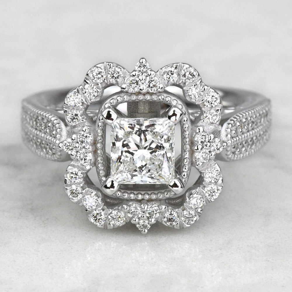 Lab Created Princess Diamond Vintage Halo Engagement Ring