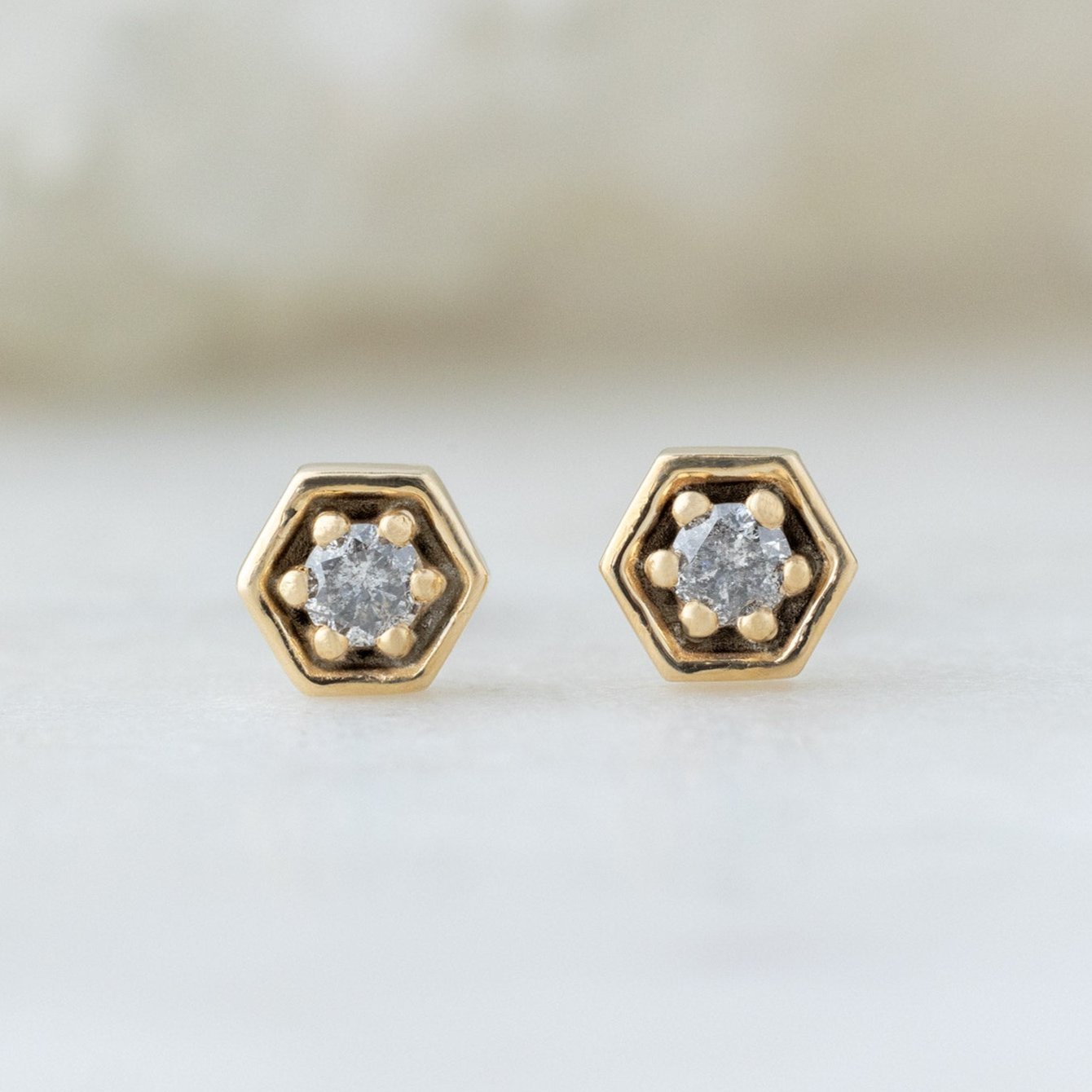 0.20 Carat Round Galaxy Salt and Pepper Diamond Hexagon Stud Earrings