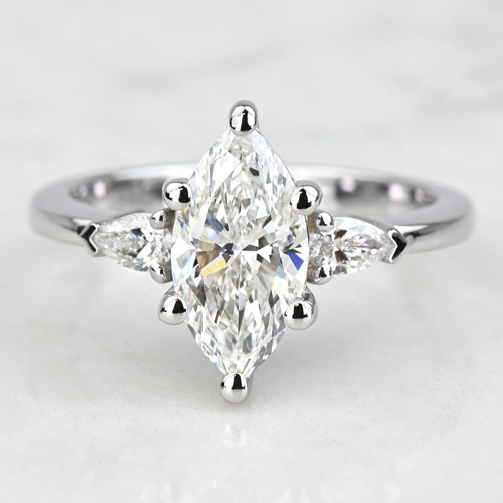 1.50 Carat Lab Marquise Diamond Engagement Ring With Pear Side Stones