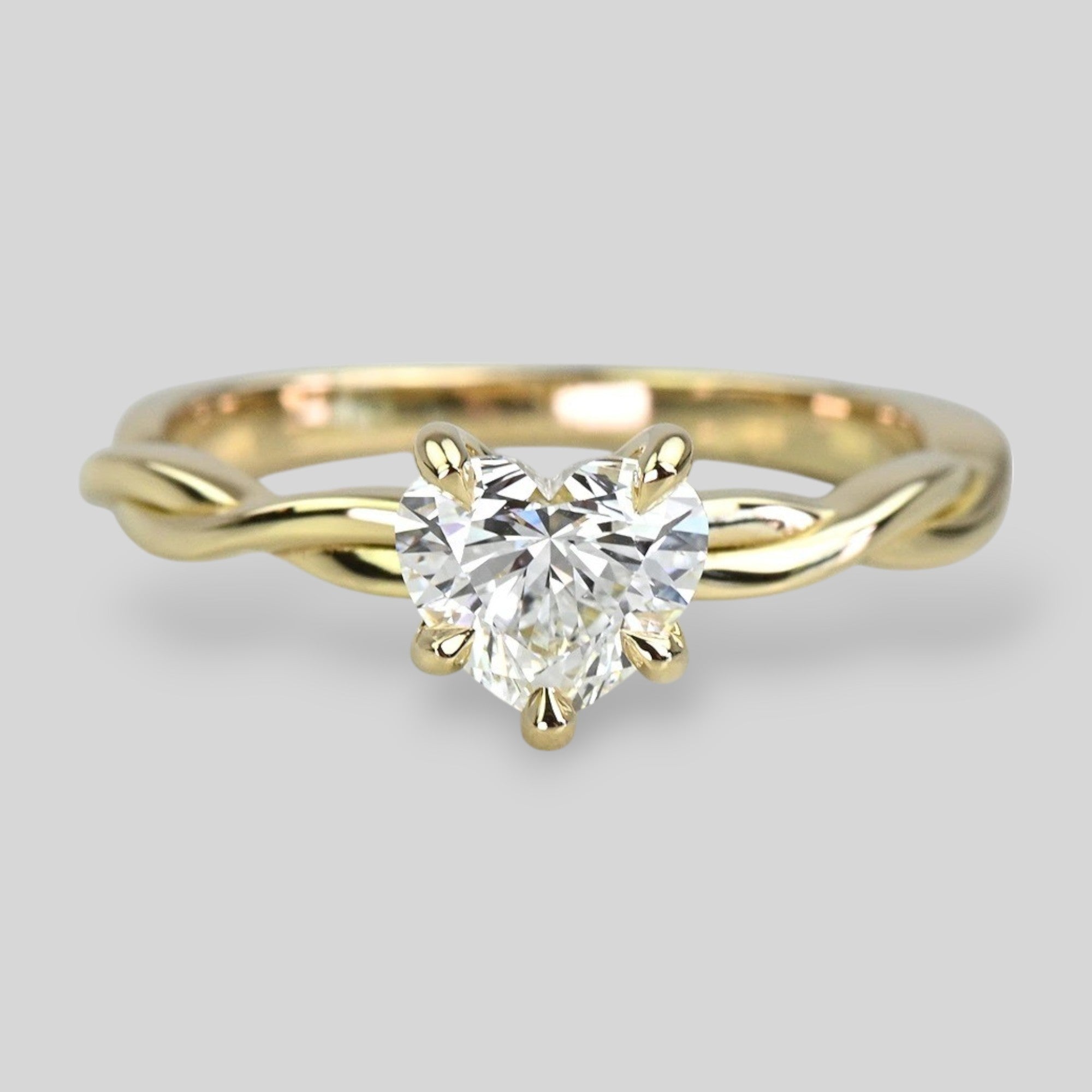 1 Carat Lab Grown Heart Diamond Twisted Yellow Gold Engagement Ring