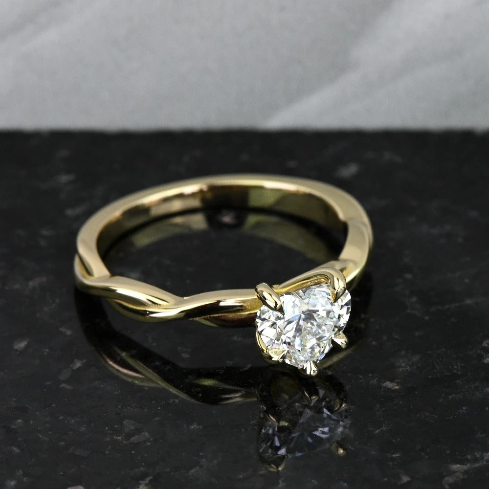 1 Carat Lab Grown Heart Diamond Twisted Yellow Gold Engagement Ring