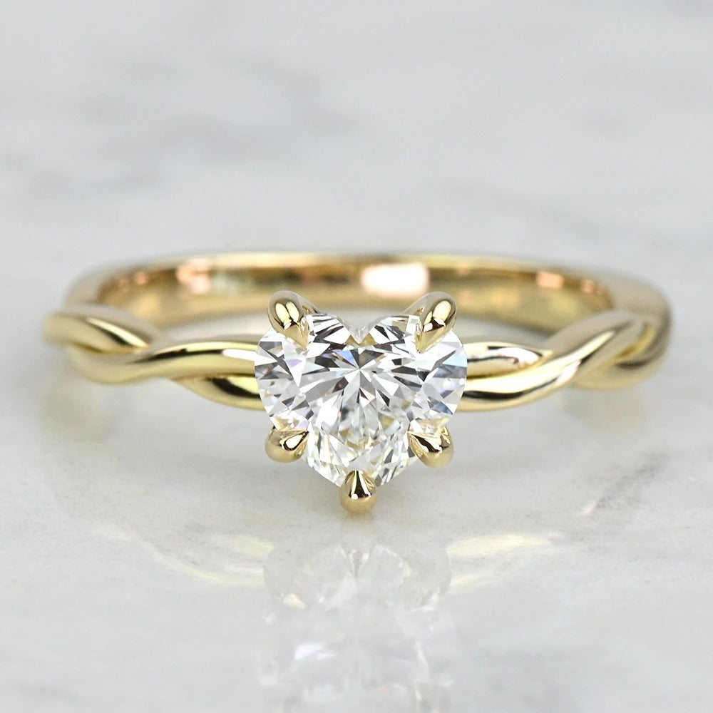 1 Carat Lab Grown Heart Diamond Twisted Yellow Gold Engagement Ring