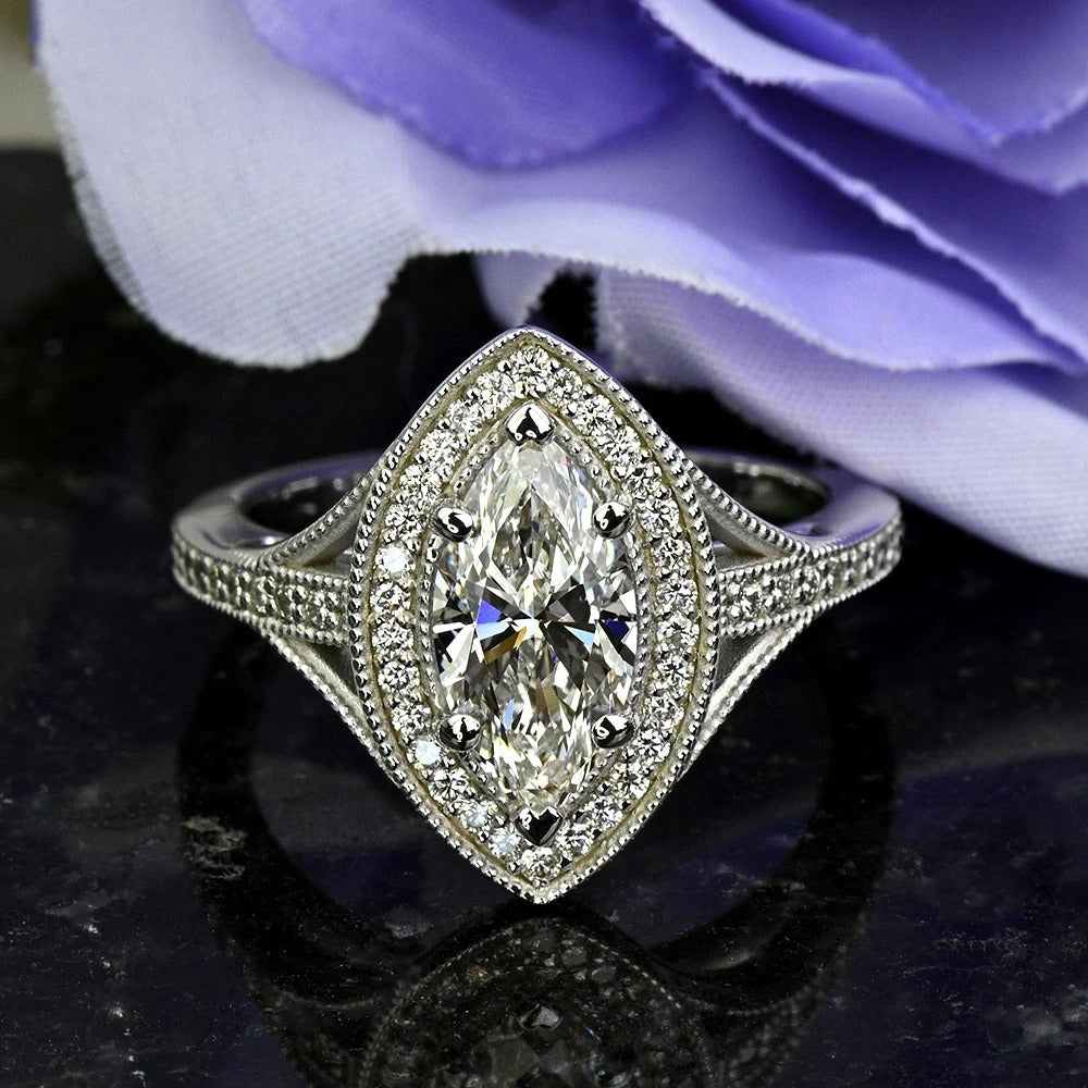 1 Carat Lab Grown Marquise Diamond Vintage Halo Engagement Ring